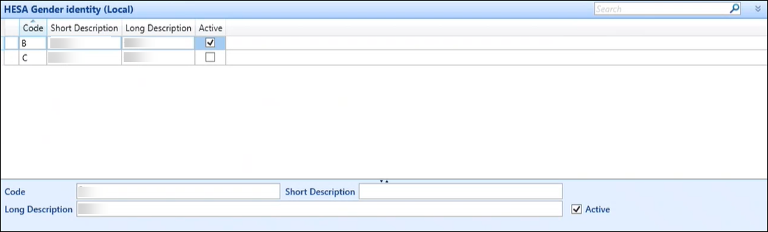 HESA Gender identity (Local) reference data screen